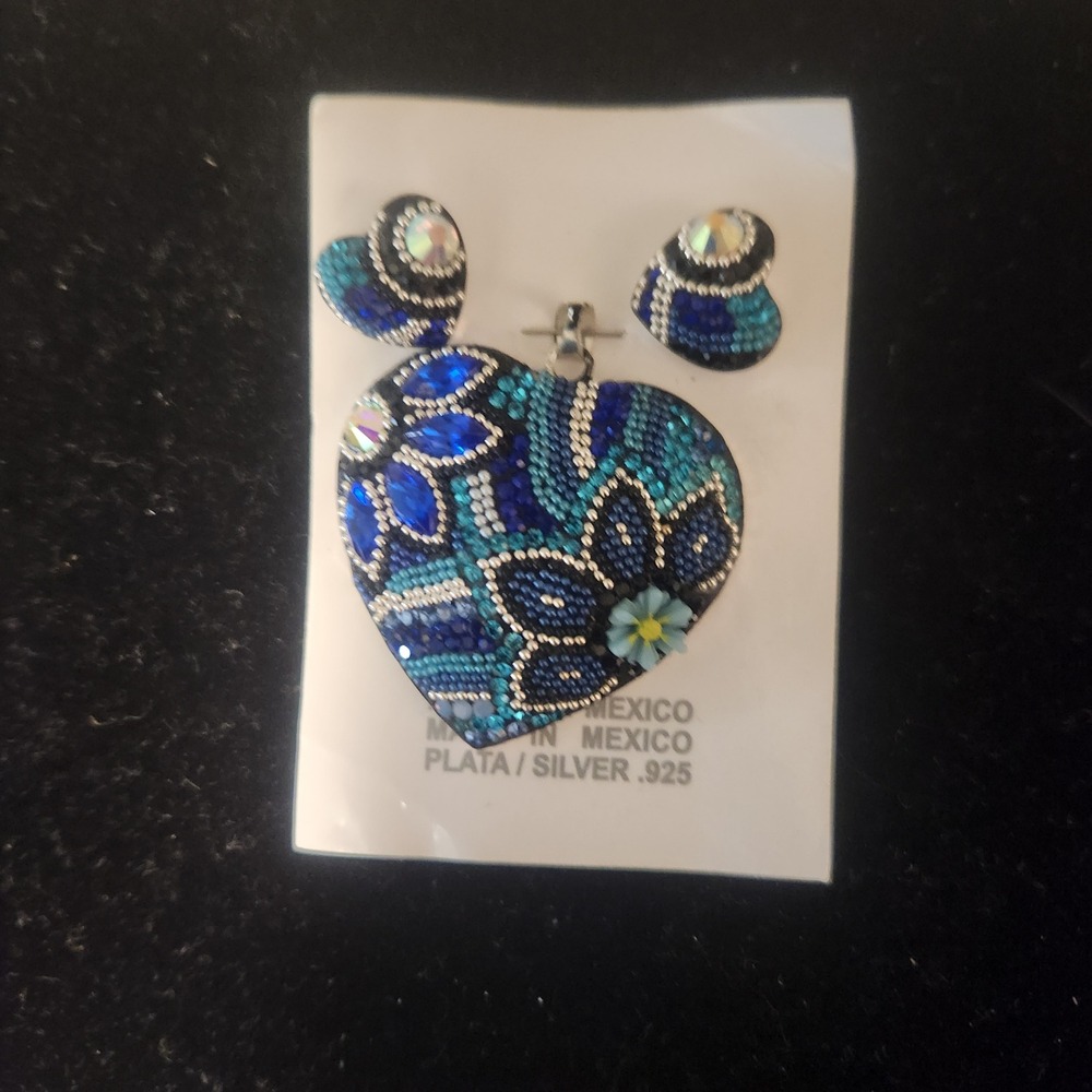 Silver plated Heart‎ Pendant Necklace Earrings Set Blue Crystal Rhinestone